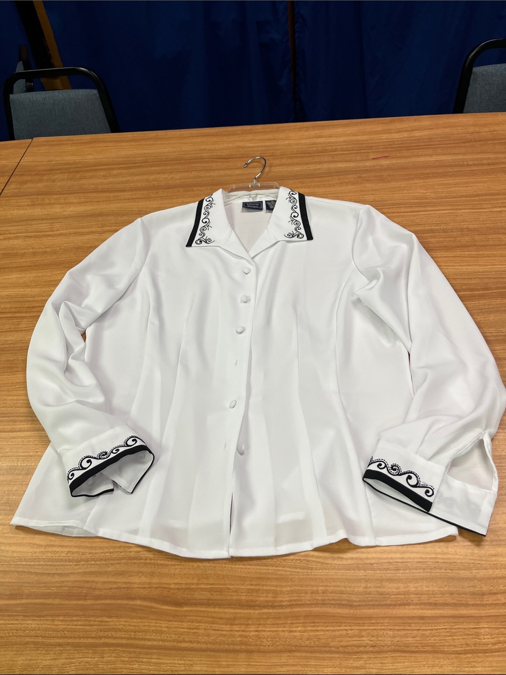 Laura Scott Women's White Dress Shirt with Black Trim and Embroidered Accents